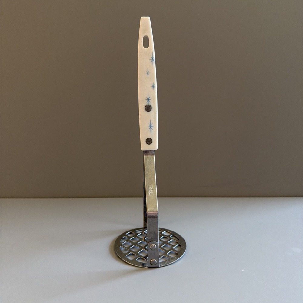 Vintage Stainless Blue Atomic Stars White Handle Retro MCM Design Potato Masher